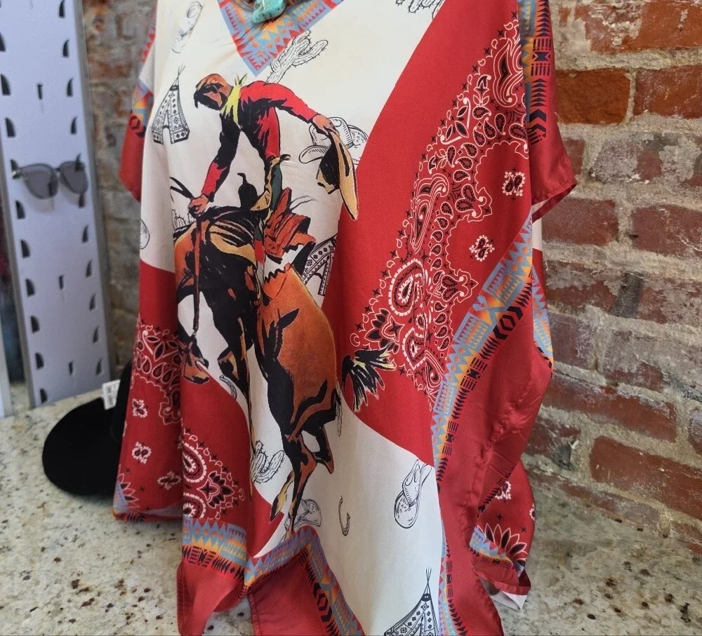 Silky Red Western Rodeo Print Women's Top 1636